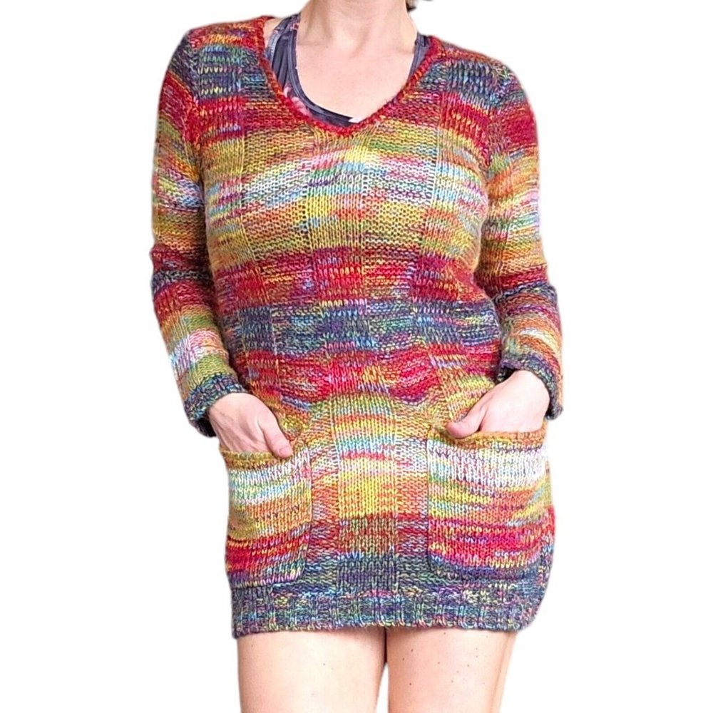 Y2K Medium Rainbow Striped Knit Tunic Sweater Mini Dress Retro Patch Pockets